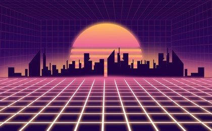 Metaverse. Digital city with buildings at sunset, illustration