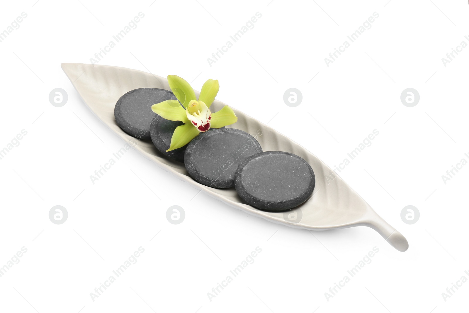 Photo of Plate with orchid flower and spa stones on white background