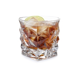 Photo of Glass of cocktail with cola, ice and cut lime on white background