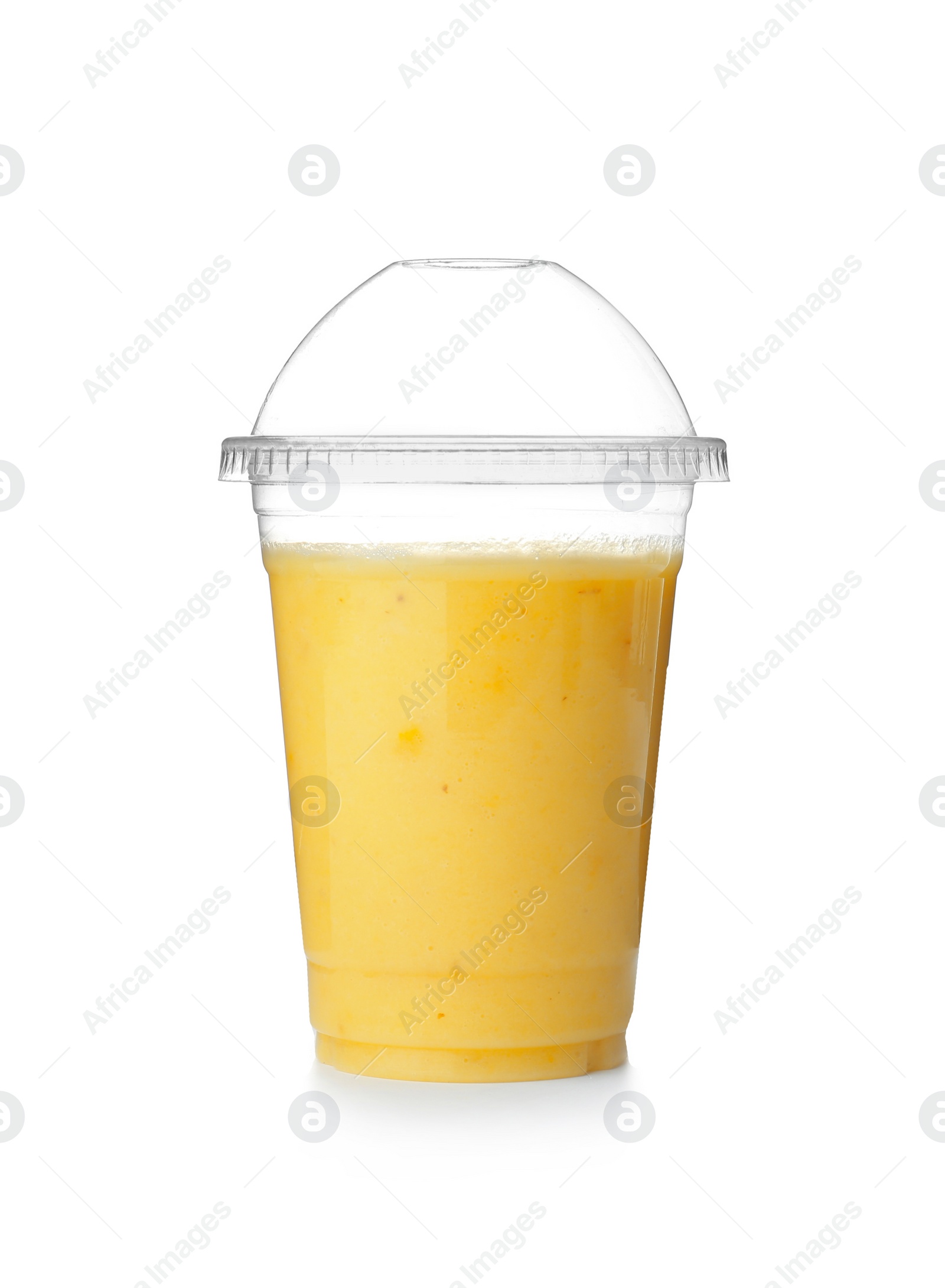 Photo of Plastic cup with delicious detox smoothie on white background