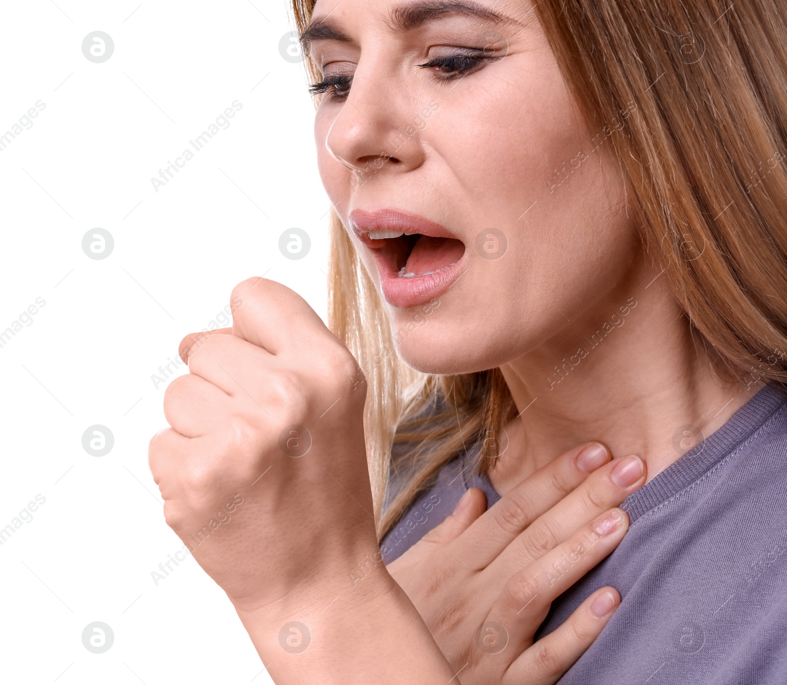 Photo of Woman coughing on white background