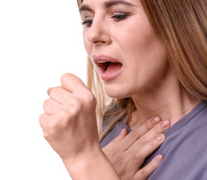 Photo of Woman coughing on white background
