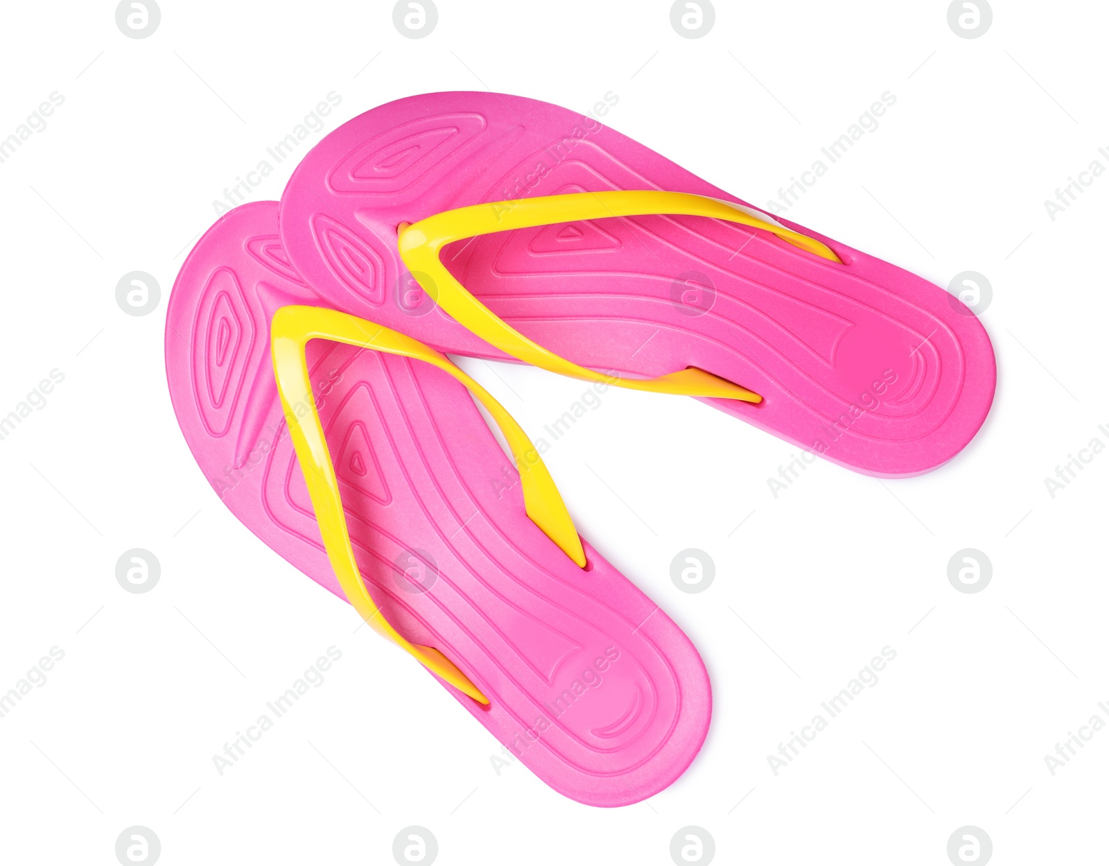 Photo of Pair of stylish pink flip flops isolated on white, top view