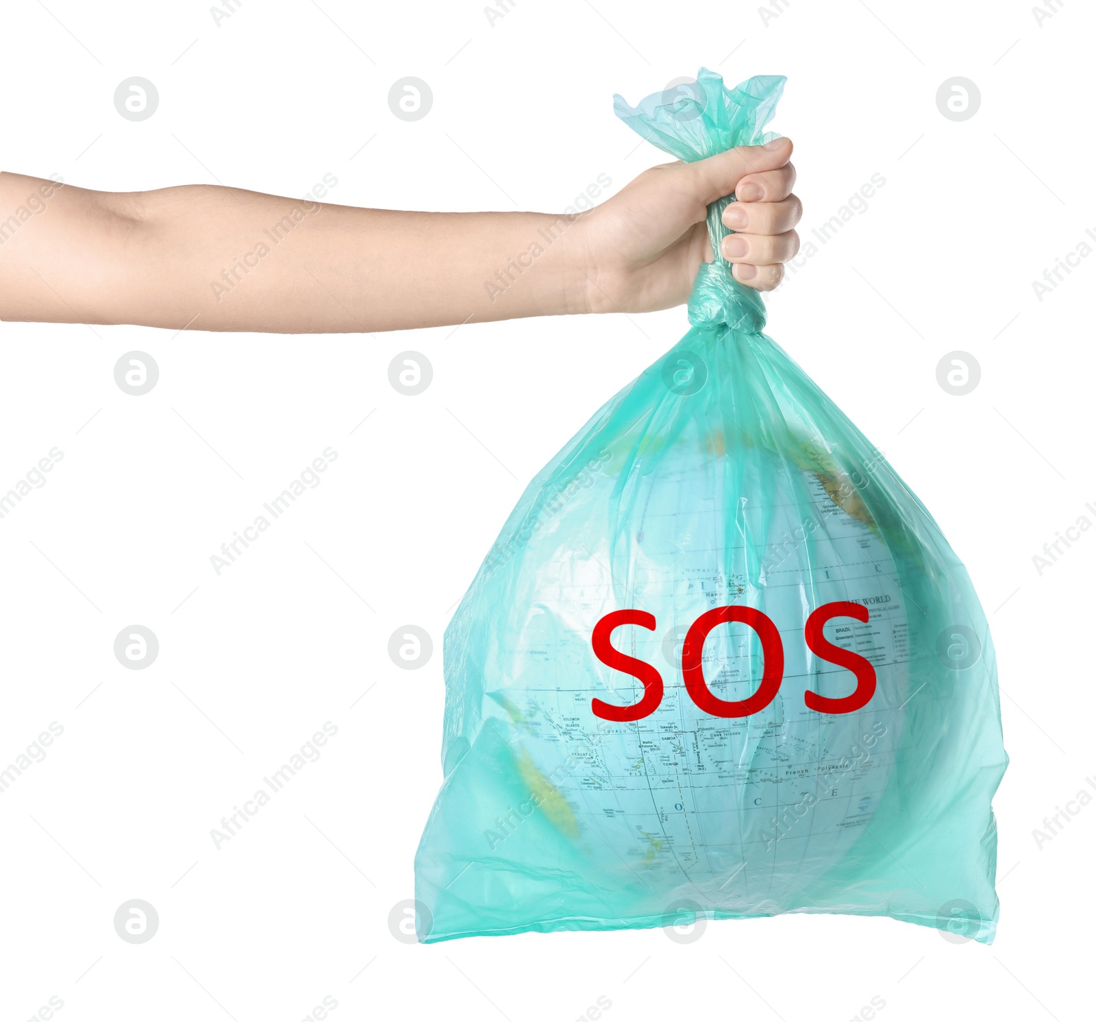 Image of Woman holding globe with word SOS in plastic bag on white background, closeup. Environmental protection concept