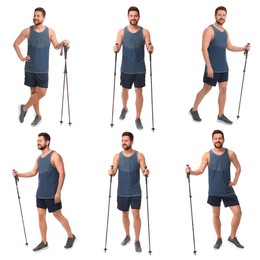 Sporty man with Nordic walking poles on white background, collage with photos