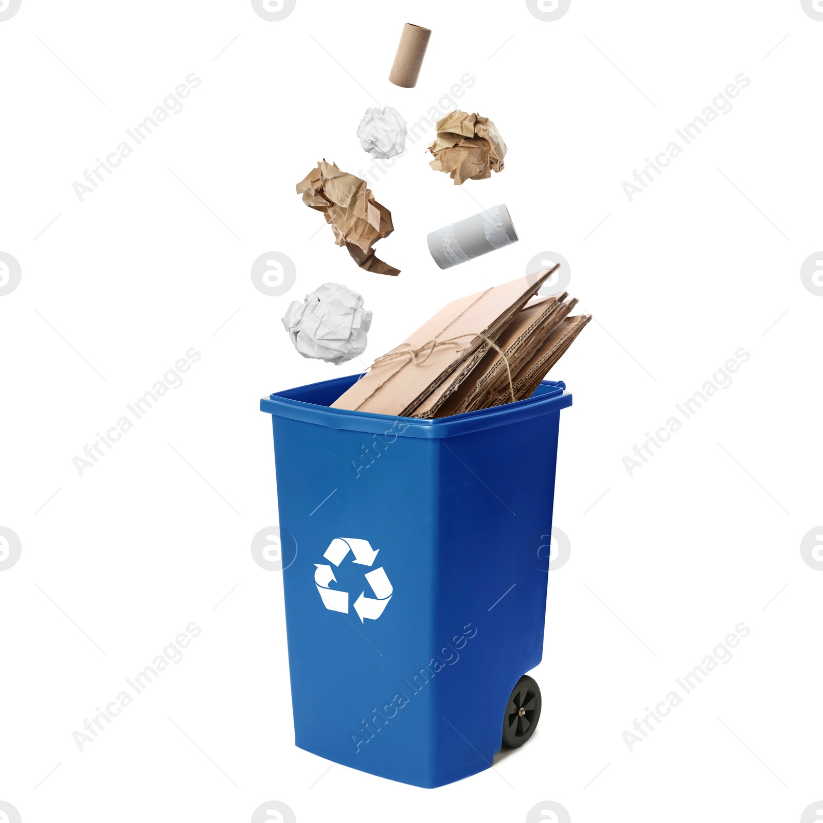 Image of Garbage falling into trash bin on white background