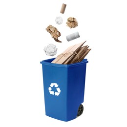 Image of Garbage falling into trash bin on white background