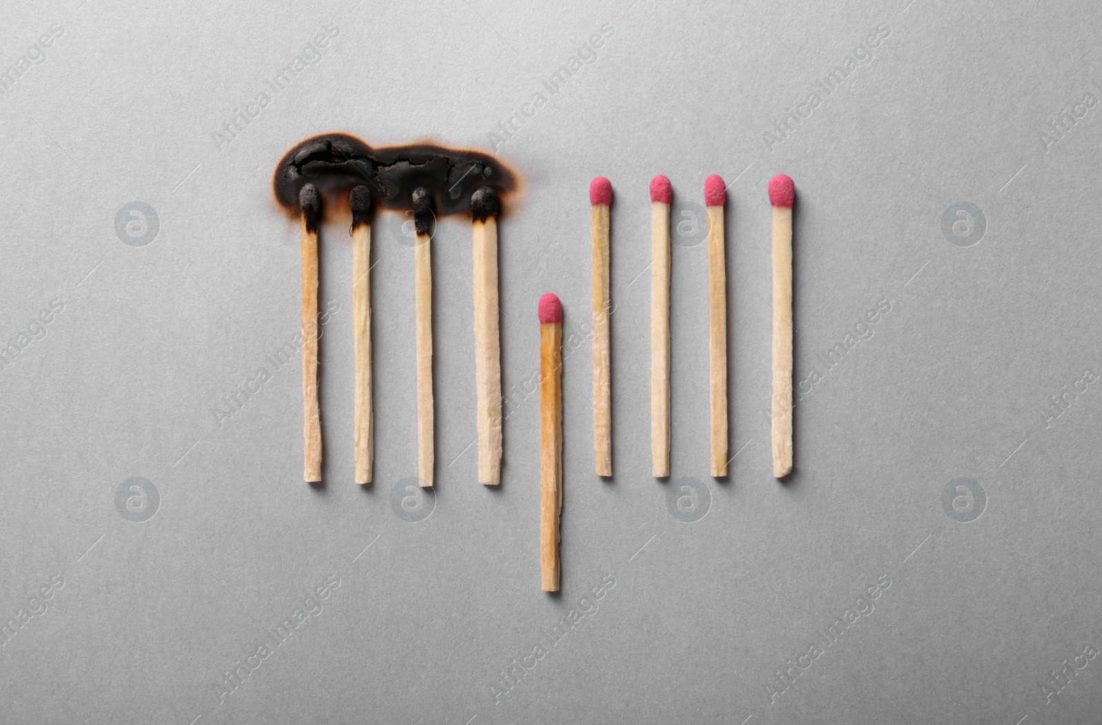 Photo of Burnt and whole matches on light grey background, flat lay. Stop destruction by breaking chain reaction concept