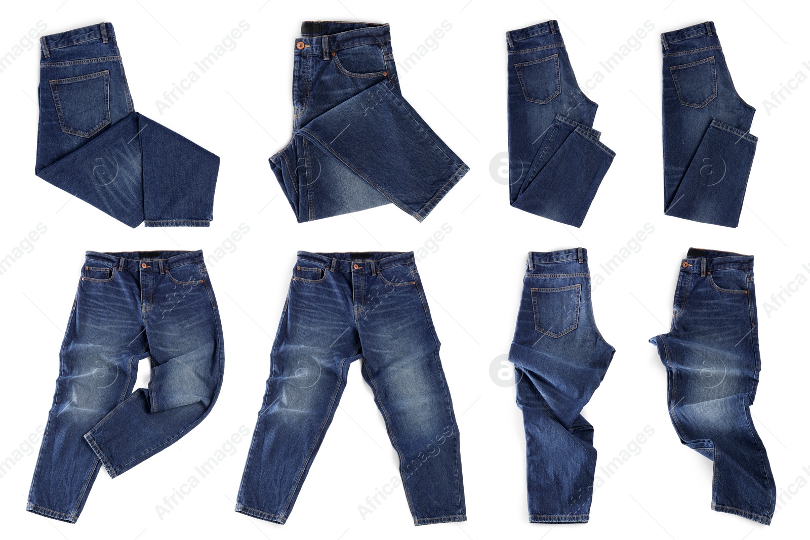 Image of Set with different jeans on white background, top view