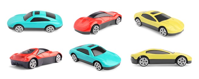 Image of Different toy cars isolated on white, different sides