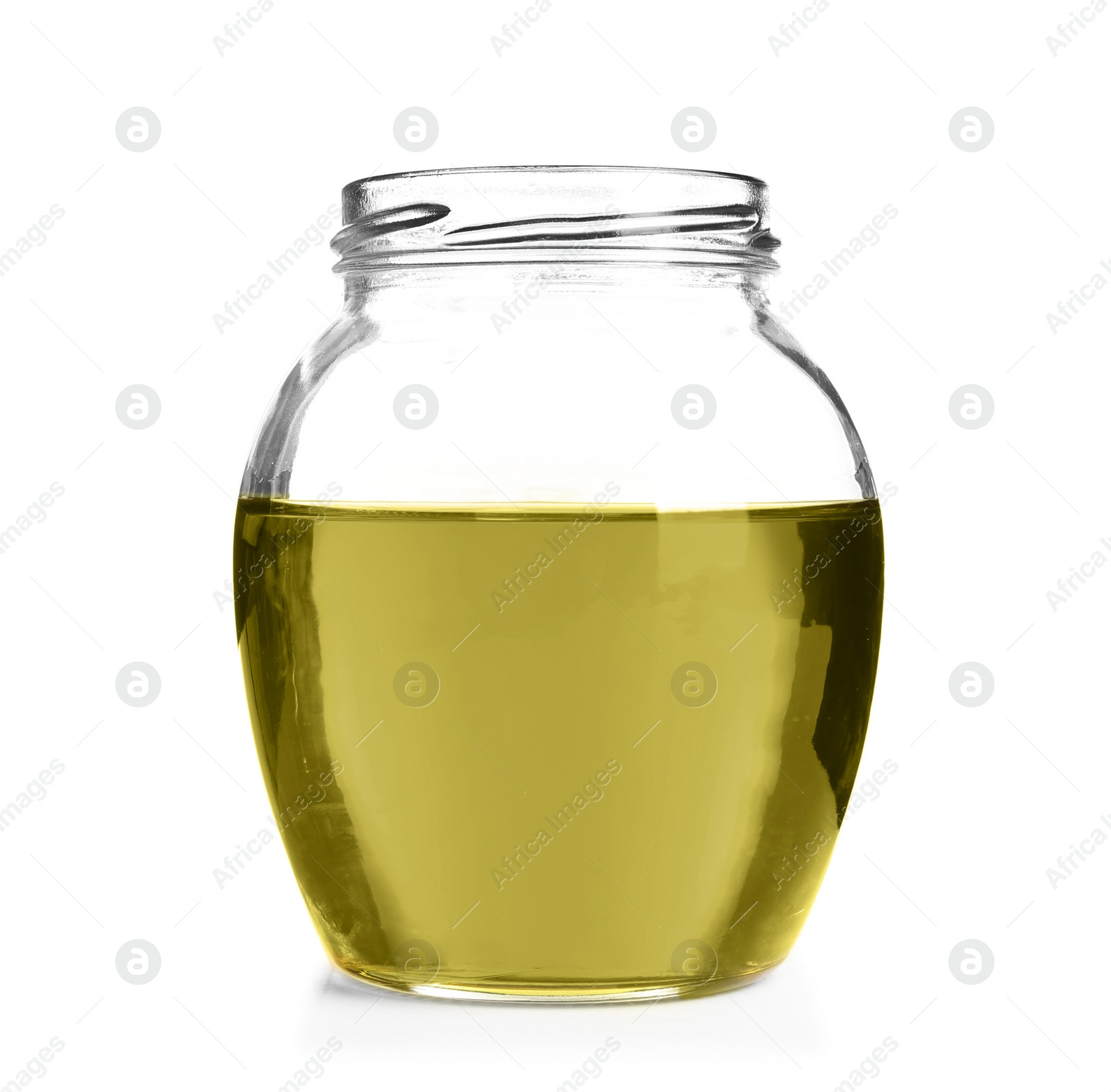 Photo of Jar with hemp oil on white background