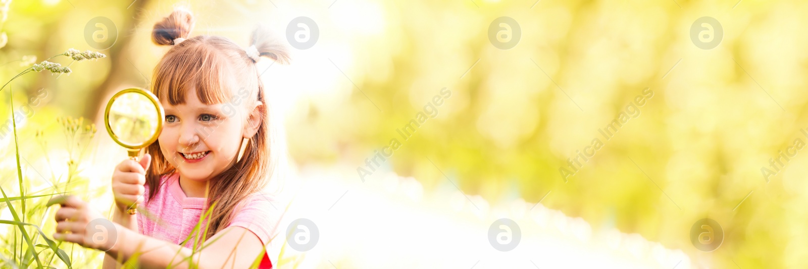 Image of Little girl exploring plant outdoors on sunny day. Banner design