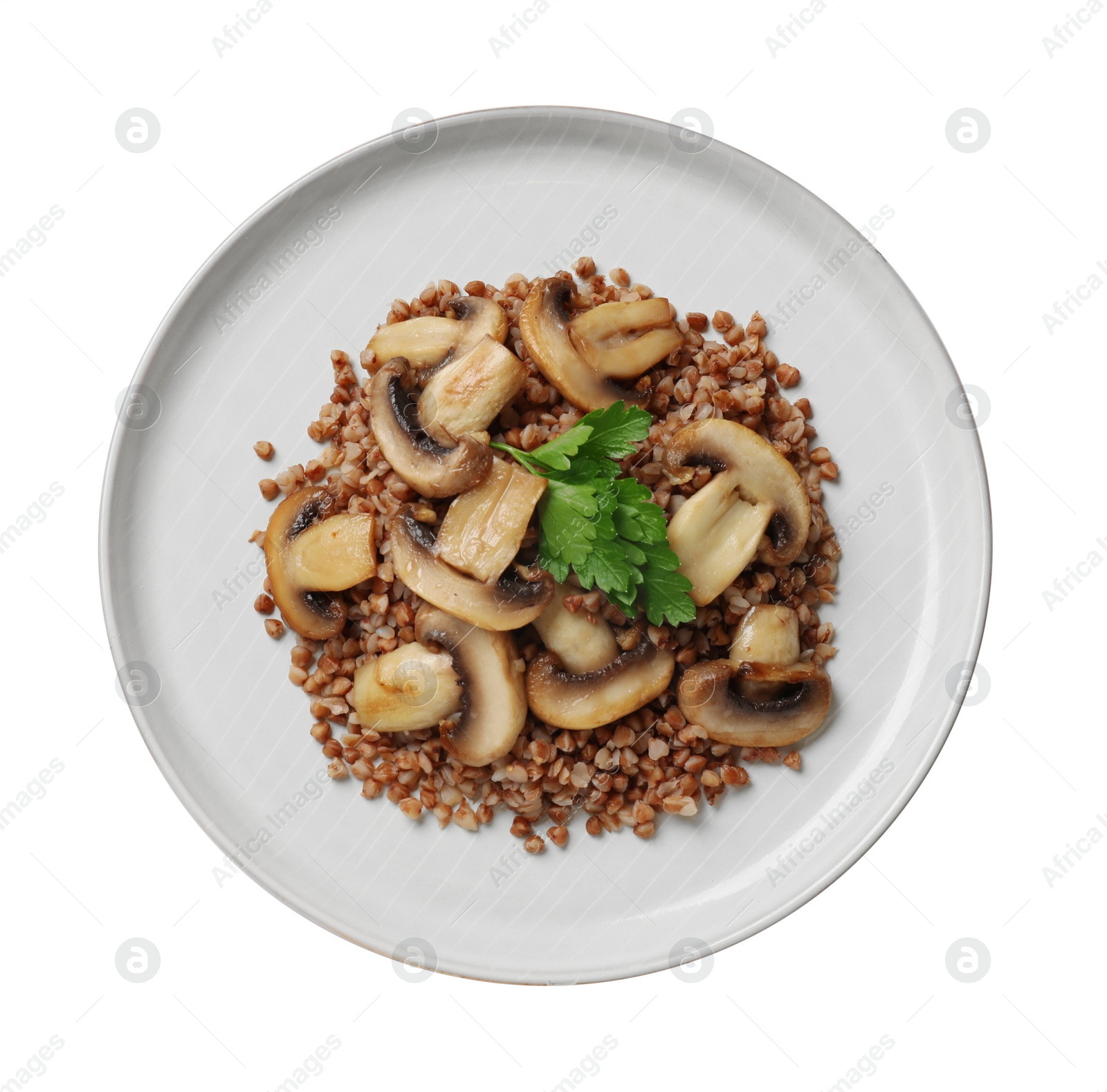 Photo of Tasty buckwheat with fresh parsley and mushrooms isolated on white, top view