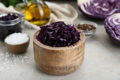 Tasty red cabbage sauerkraut and different ingredients on table