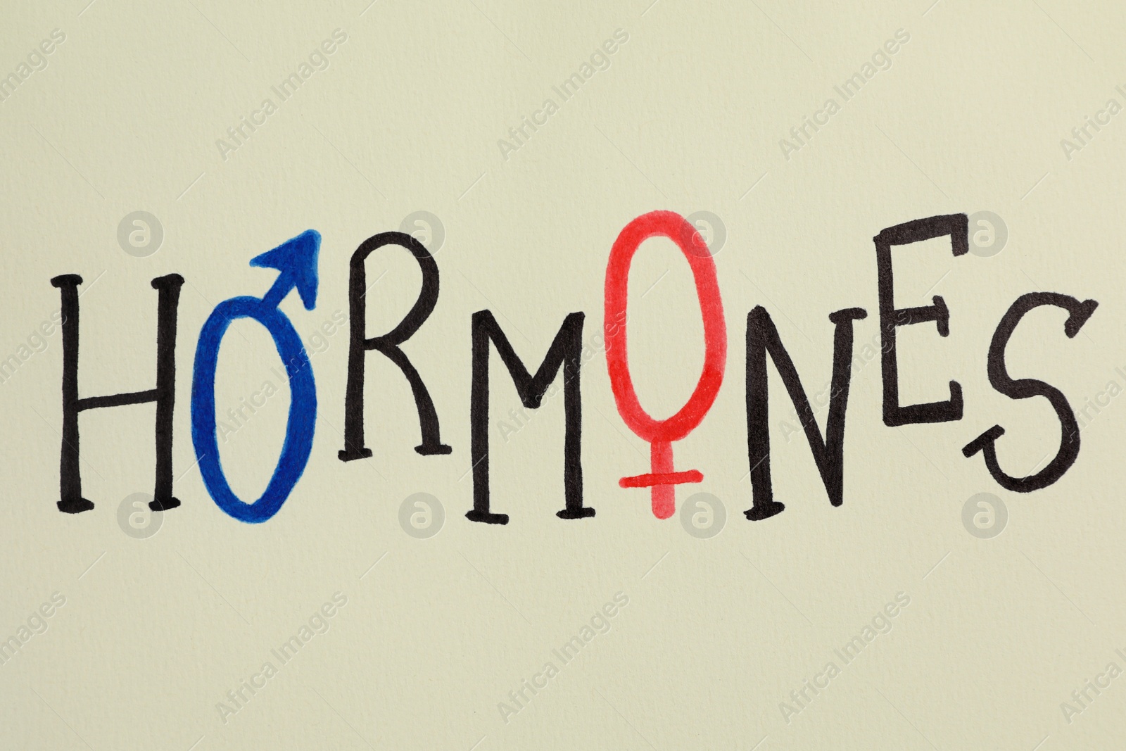 Photo of Word HORMONES drawn on beige paper sheet, top view