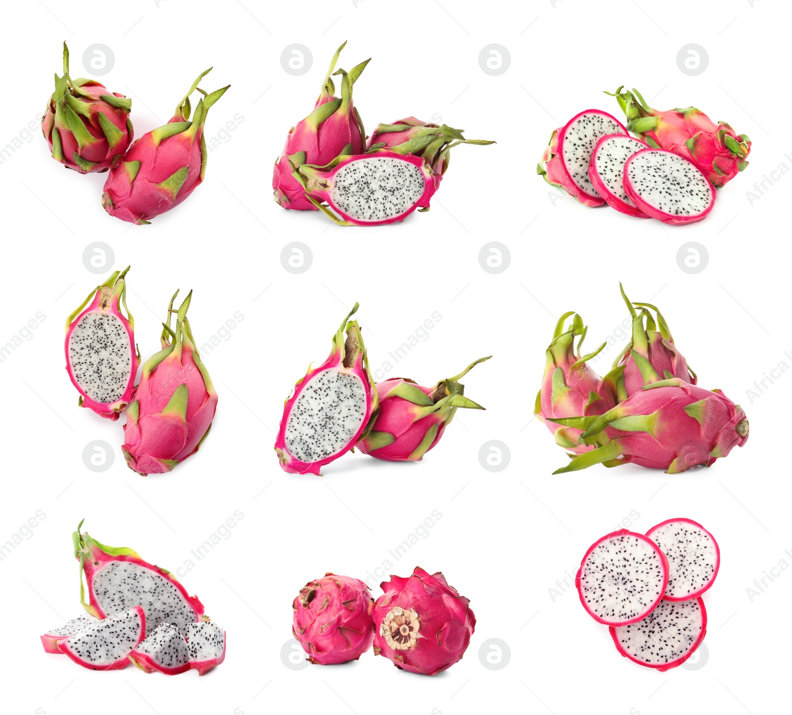 Image of Set with delicious pink dragon fruits (pitahaya) on white background 