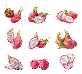 Image of Set with delicious pink dragon fruits (pitahaya) on white background 