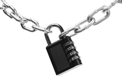 Steel combination padlock and chain isolated on white