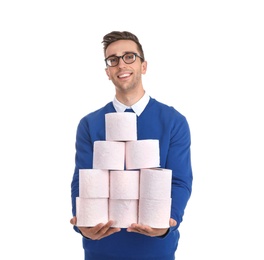 Photo of Young man holding toilet paper rolls on white background