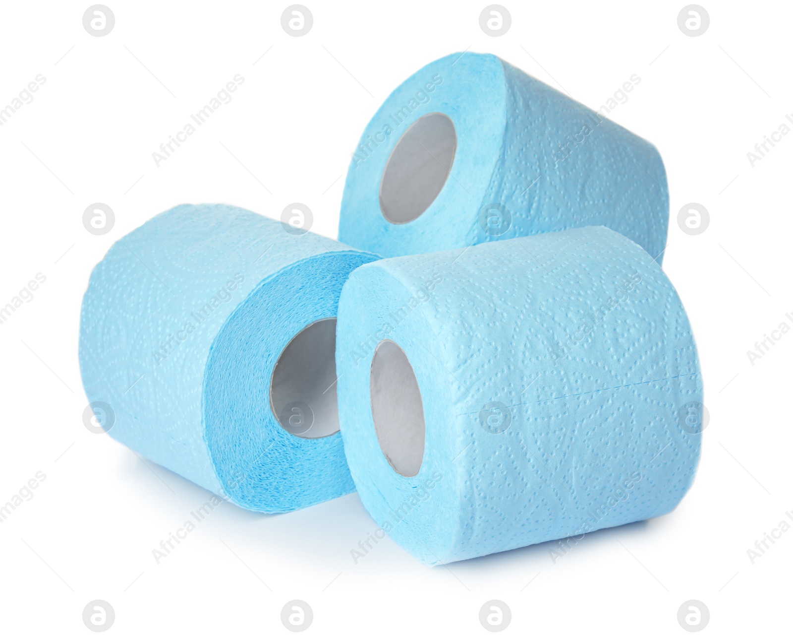 Photo of Color toilet paper rolls on white background