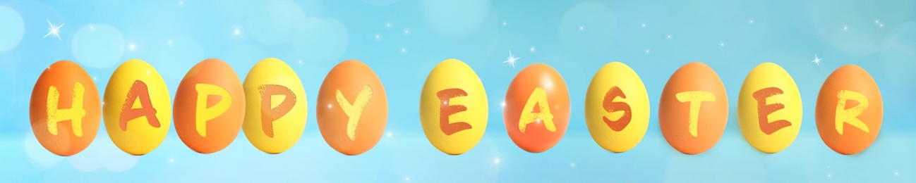 Image of Happy Easter. Colorful dyed eggs on blue background, banner design