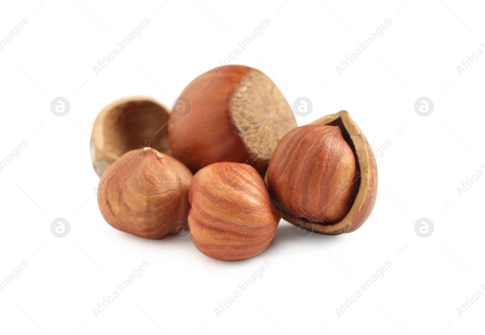 Photo of Tasty organic hazelnuts on white background. Healthy snack