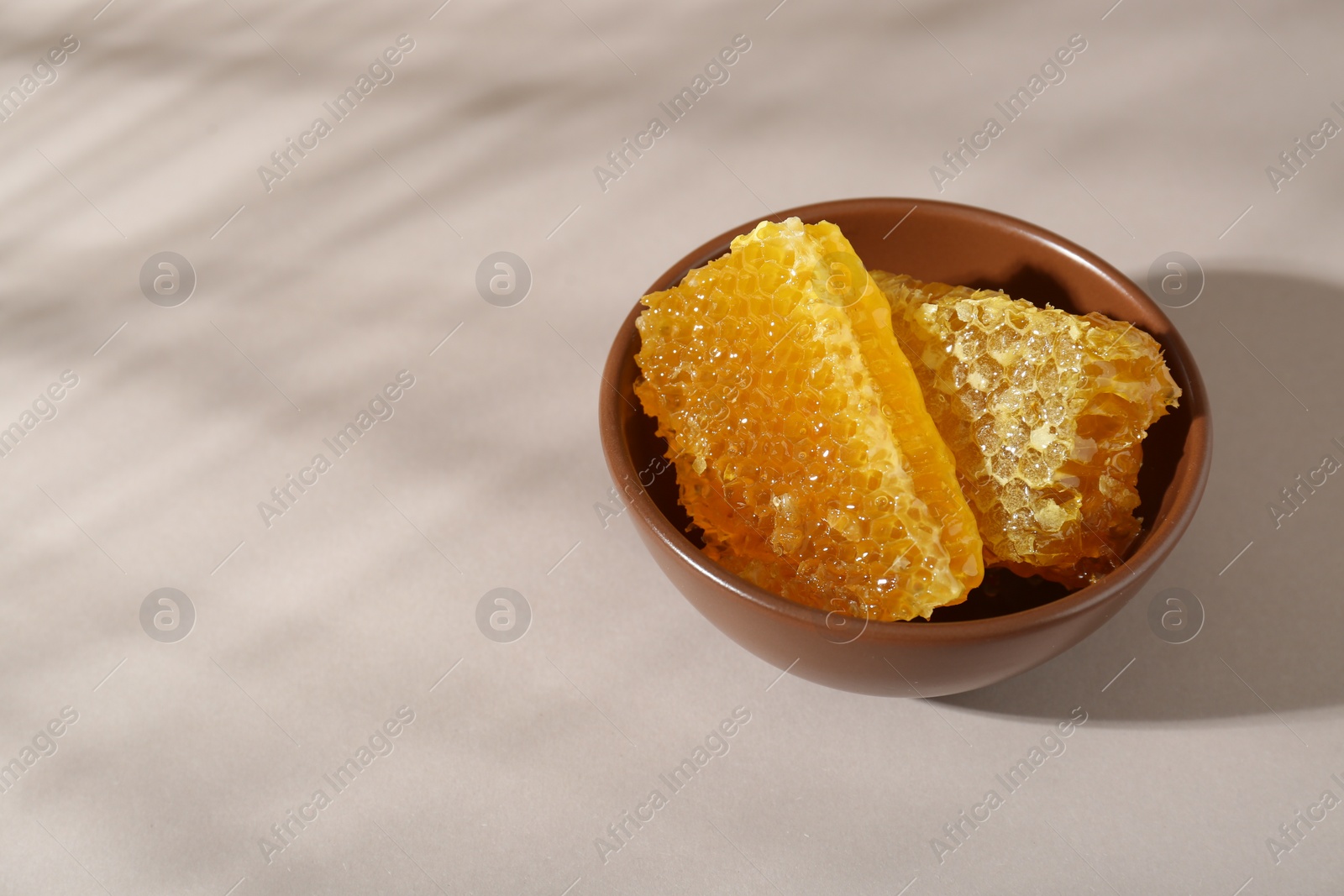Photo of Natural honeycombs in bowl on white table, space for text