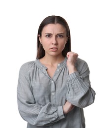 Photo of Portrait of emotional young woman on white background. Personality concept