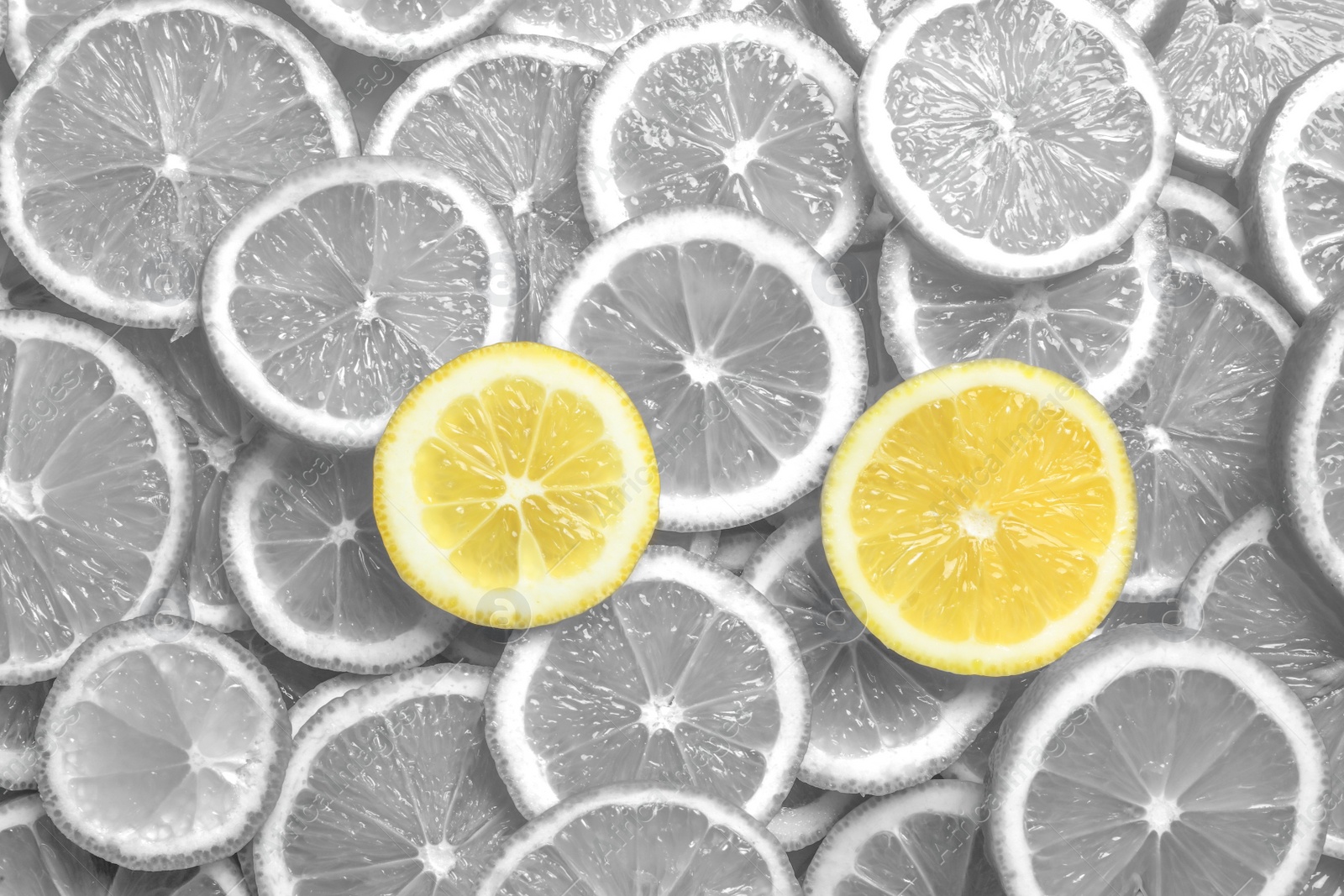 Image of Many fresh lemon slices as background, top view. Black and white tone with selective color effect