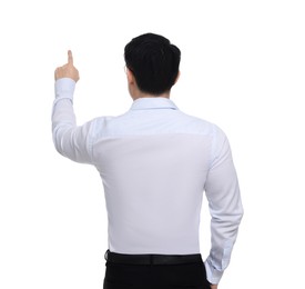 Businessman in formal clothes posing on white background, back view