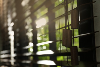 Closeup view of sunlit horizontal window blinds