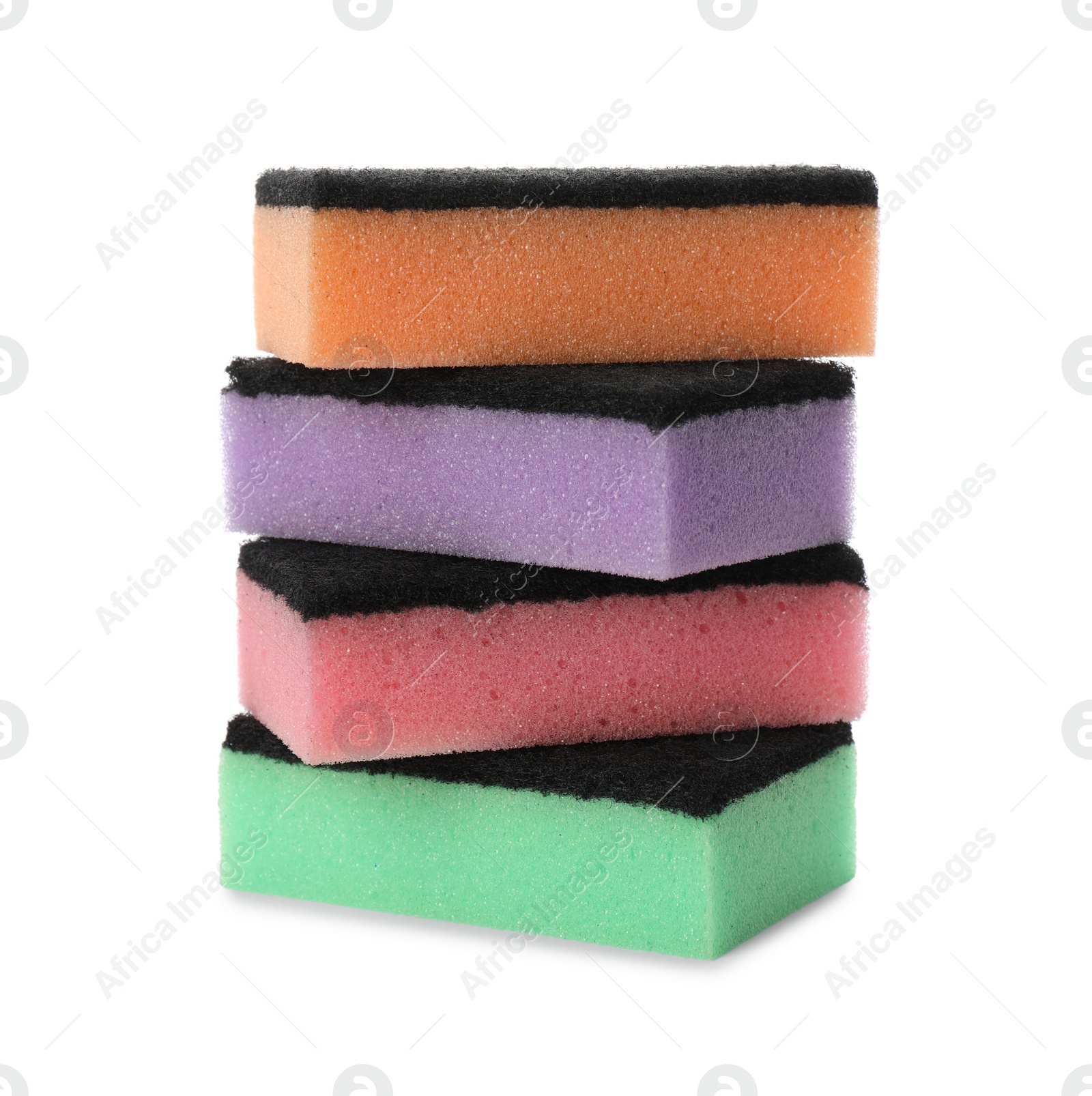 Photo of Bright cleaning sponges with abrasive scourers on white background