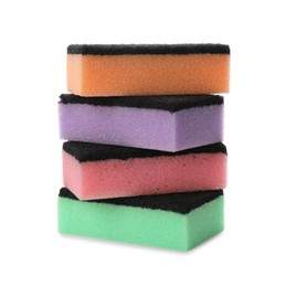 Bright cleaning sponges with abrasive scourers on white background