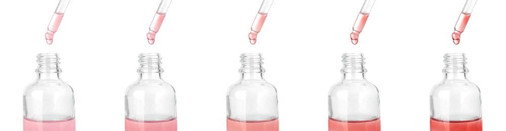 Image of Dripping essential oils from pipettes into glass bottle on white background, collage. Banner design