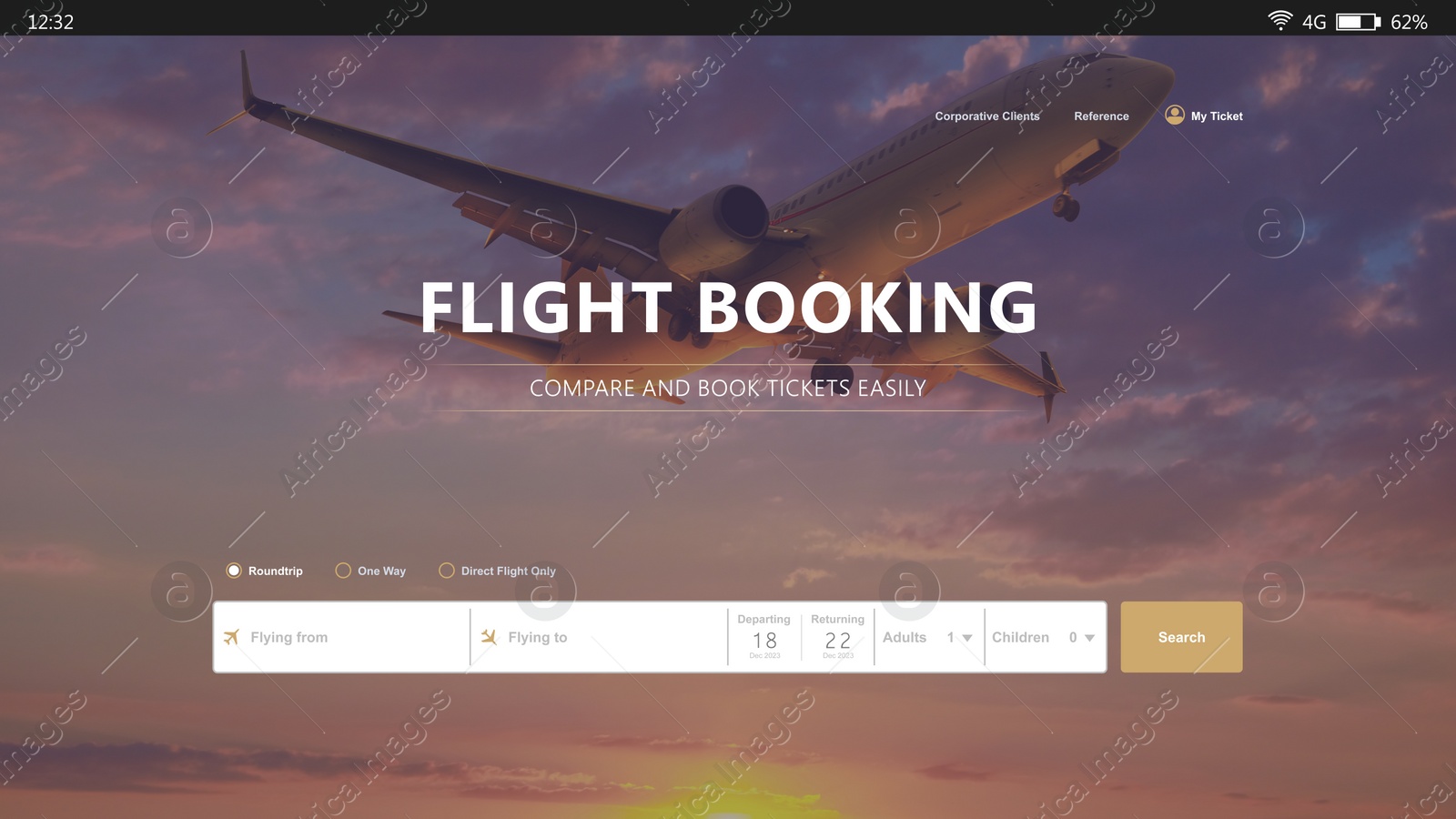 Image of Online flight booking website interface with information