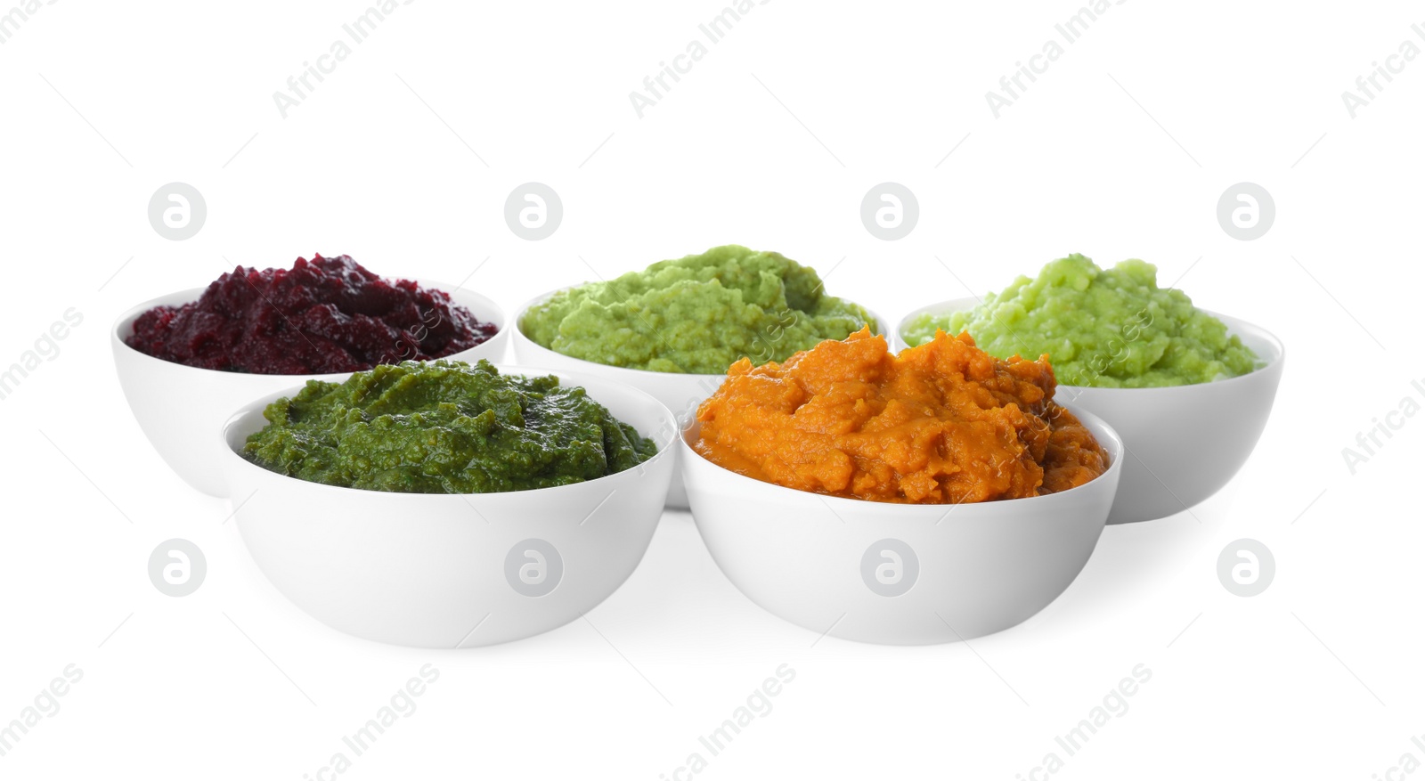 Photo of Different delicious in bowls puree on white background. Healthy food