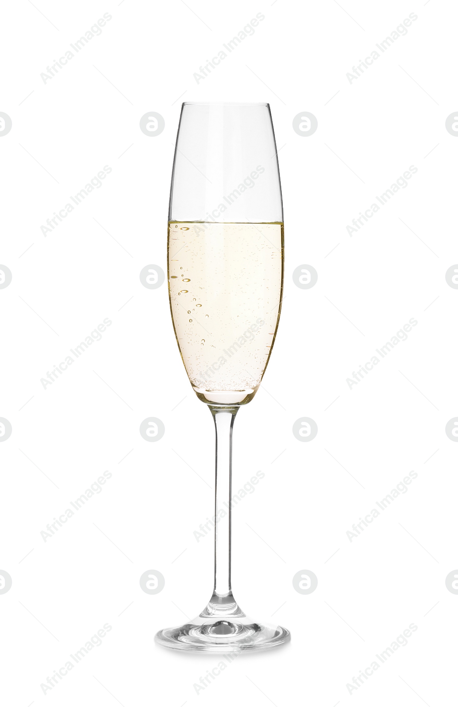 Photo of Glass of champagne on white background. Festive drink