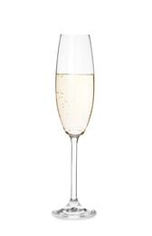 Photo of Glass of champagne on white background. Festive drink