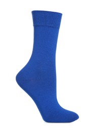 Photo of Blue sock isolated on white. Footwear accessory