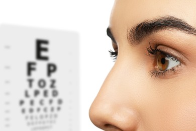 Vision test. Woman and eye chart on white background