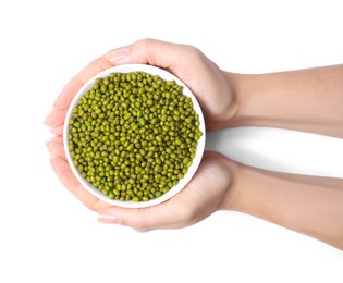 Photo of Woman holding bowl with green mung beans on white background, top view