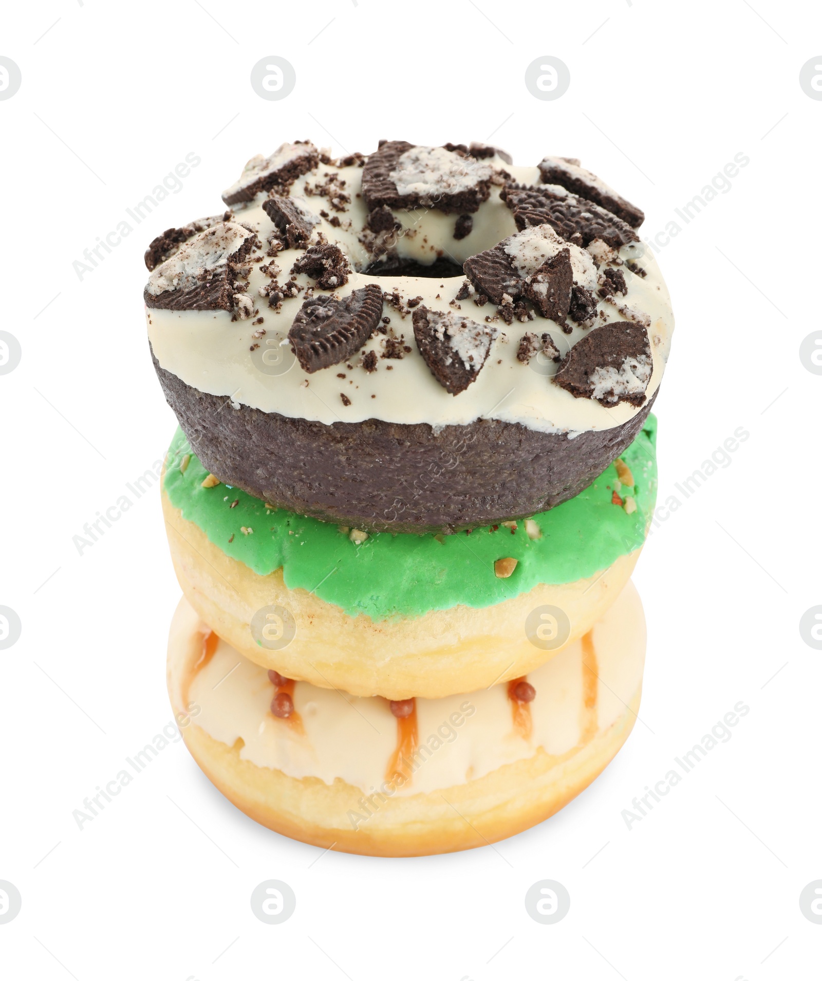 Photo of Stacked sweet tasty glazed donuts on white background
