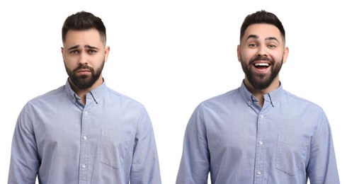 Man showing different emotions on white background, collage