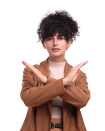 Beautiful young businesswoman posing on white background