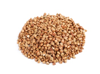 Photo of Uncooked buckwheat on white background. Healthy diet