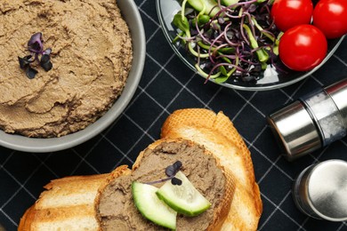 Photo of Flat lay composition with delicious liver pate on napkin