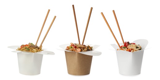 Image of Set with boxes of tasty wok noodles on white background. Banner design