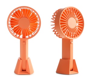 Image of Bright orange fan on white background, collage with views from different sides