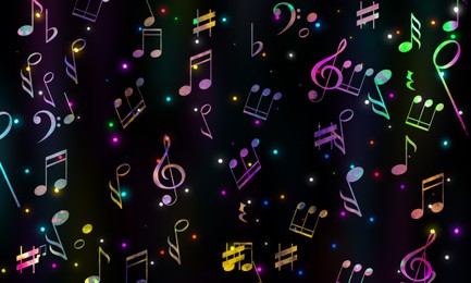 Many bright music notes and other musical symbols on black background