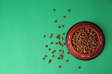 Photo of Dry pet food in feeding bowl on green background, flat lay. Space for text